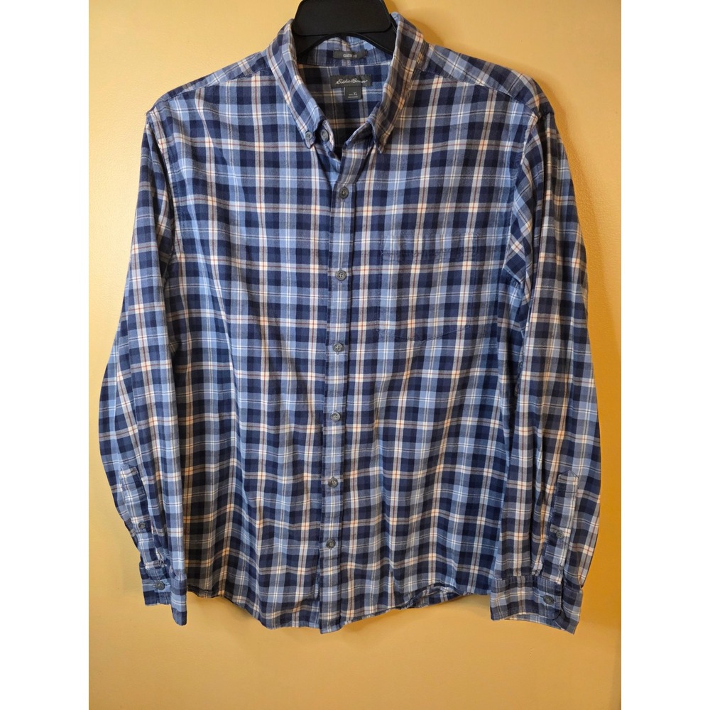 Eddie Bauer Mens XL Classic Fit Blue Plaid Long Sleeve Button Down Shirt Cotton